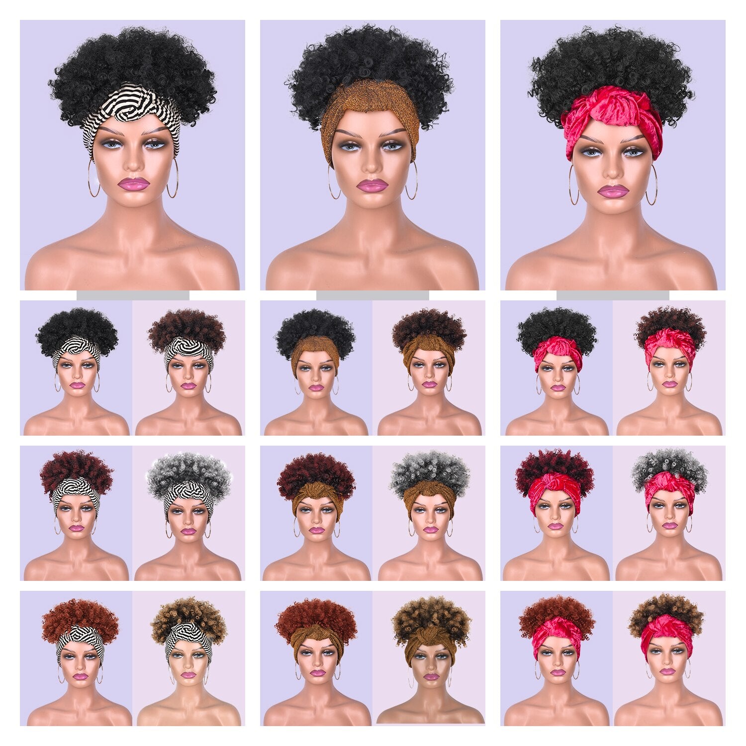 Short Afro Kinky Curly Headband Wig 2 in 1 Turban Wigs for Black Women