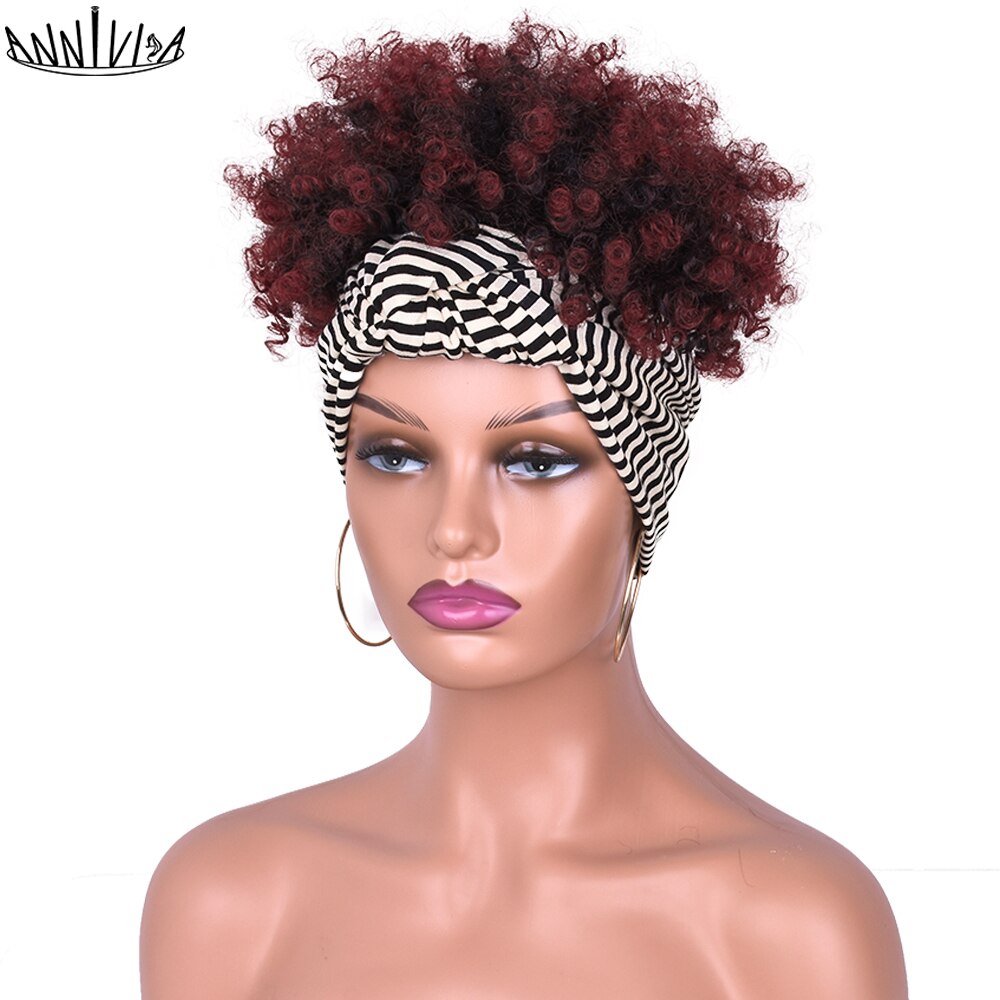 Short Afro Kinky Curly Headband Wig 2 in 1 Turban Wigs for Black Women