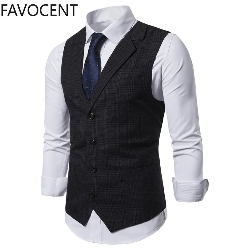 Men Suit Vest Fashion Slim Fit Thin Plaid Men Tops Slim Business Vest Waistcoat Man