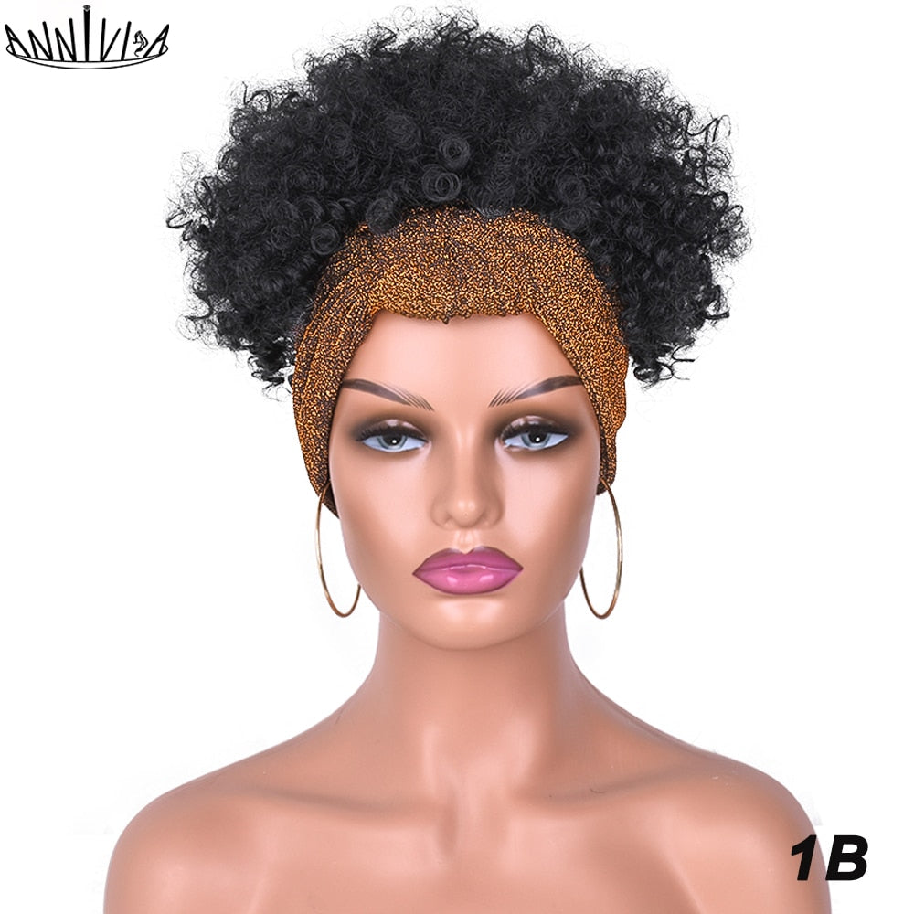 Short Afro Kinky Curly Headband Wig 2 in 1 Turban Wigs for Black Women