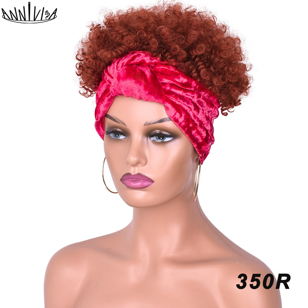 Short Afro Kinky Curly Headband Wig 2 in 1 Turban Wigs for Black Women