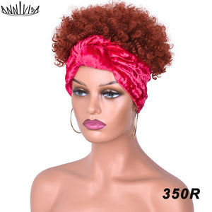 Short Afro Kinky Curly Headband Wig 2 in 1 Turban Wigs for Black Women