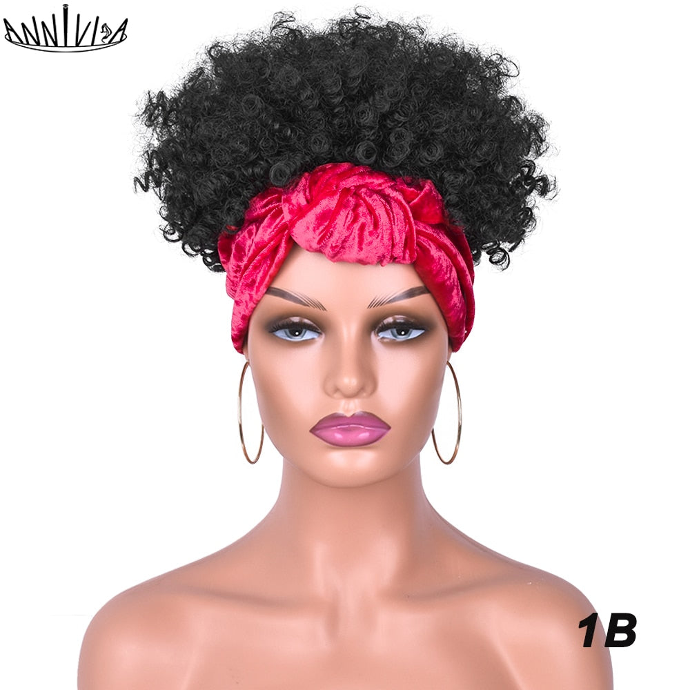 Short Afro Kinky Curly Headband Wig 2 in 1 Turban Wigs for Black Women