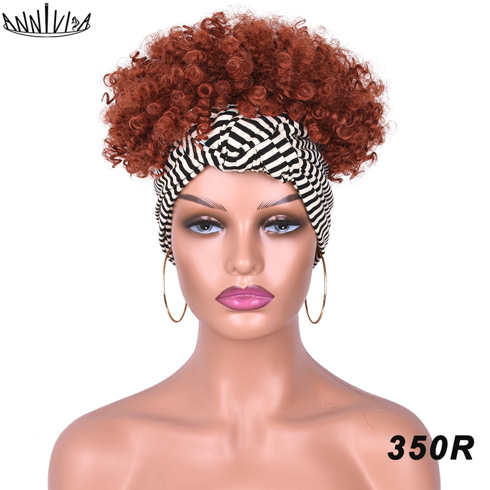 Short Afro Kinky Curly Headband Wig 2 in 1 Turban Wigs for Black Women