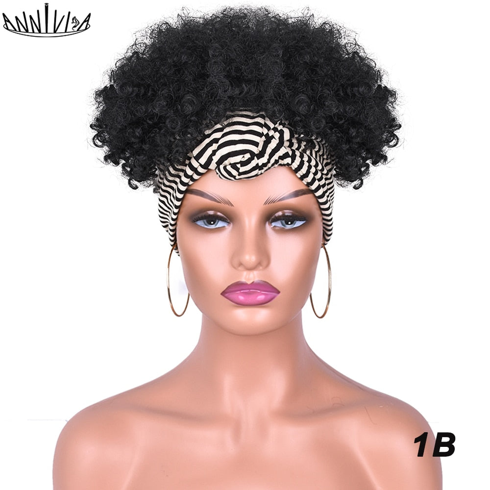 Short Afro Kinky Curly Headband Wig 2 in 1 Turban Wigs for Black Women