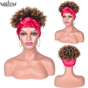 Short Afro Kinky Curly Headband Wig 2 in 1 Turban Wigs for Black Women