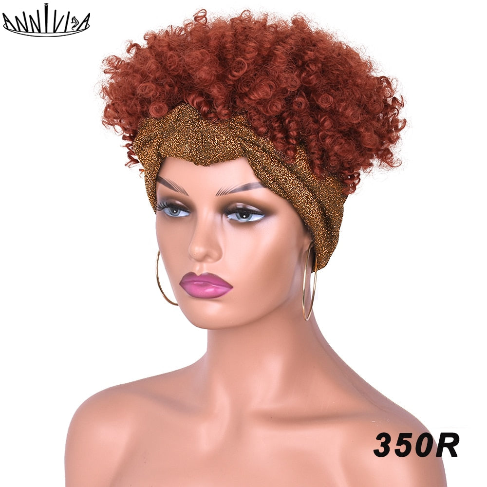 Short Afro Kinky Curly Headband Wig 2 in 1 Turban Wigs for Black Women