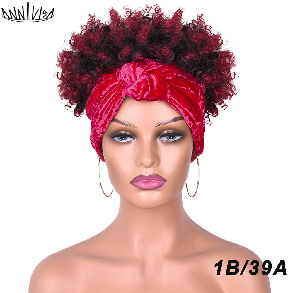 Short Afro Kinky Curly Headband Wig 2 in 1 Turban Wigs for Black Women