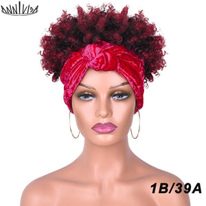 Short Afro Kinky Curly Headband Wig 2 in 1 Turban Wigs for Black Women