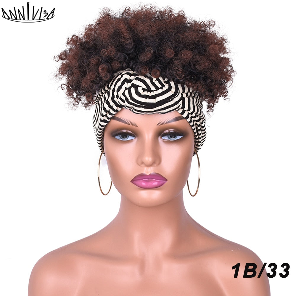 Short Afro Kinky Curly Headband Wig 2 in 1 Turban Wigs for Black Women