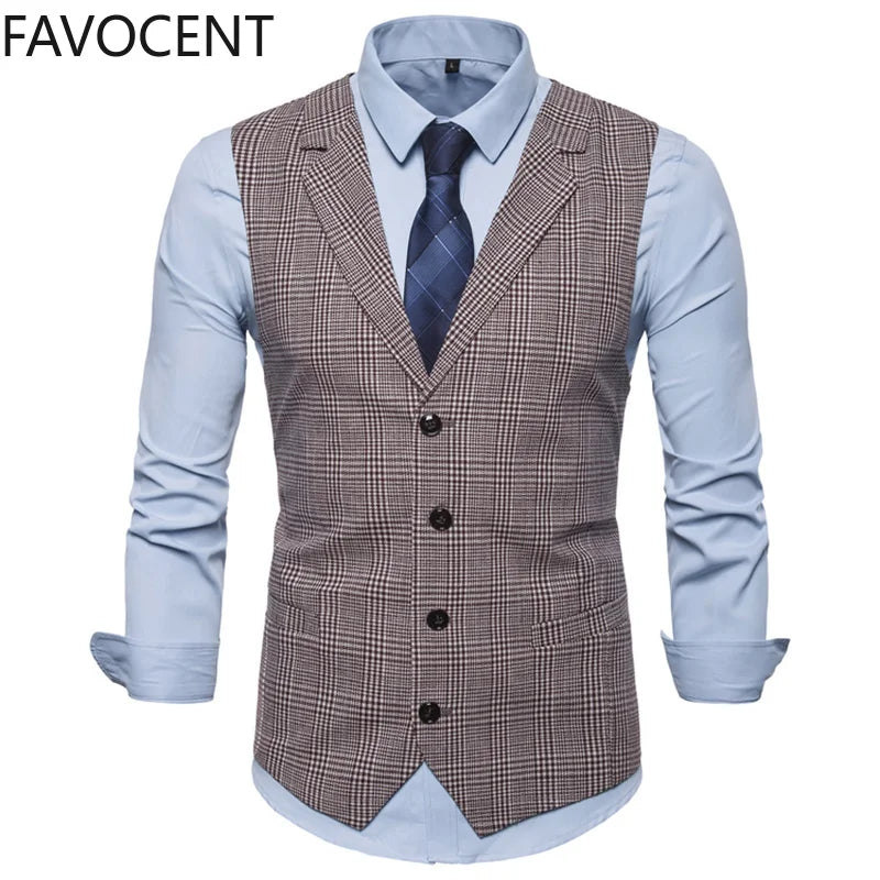 Men Suit Vest Fashion Slim Fit Thin Plaid Men Tops Slim Business Vest Waistcoat Man