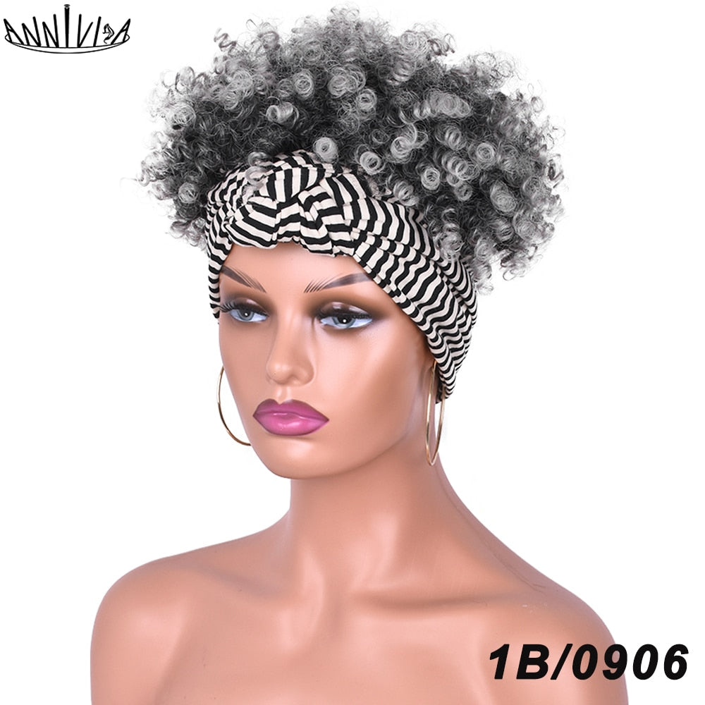 Short Afro Kinky Curly Headband Wig 2 in 1 Turban Wigs for Black Women