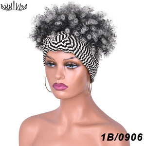 Short Afro Kinky Curly Headband Wig 2 in 1 Turban Wigs for Black Women