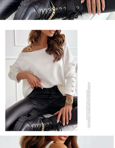 Fashion Style Single Shoulder Chain Loose Slimming Knitted T-shirt