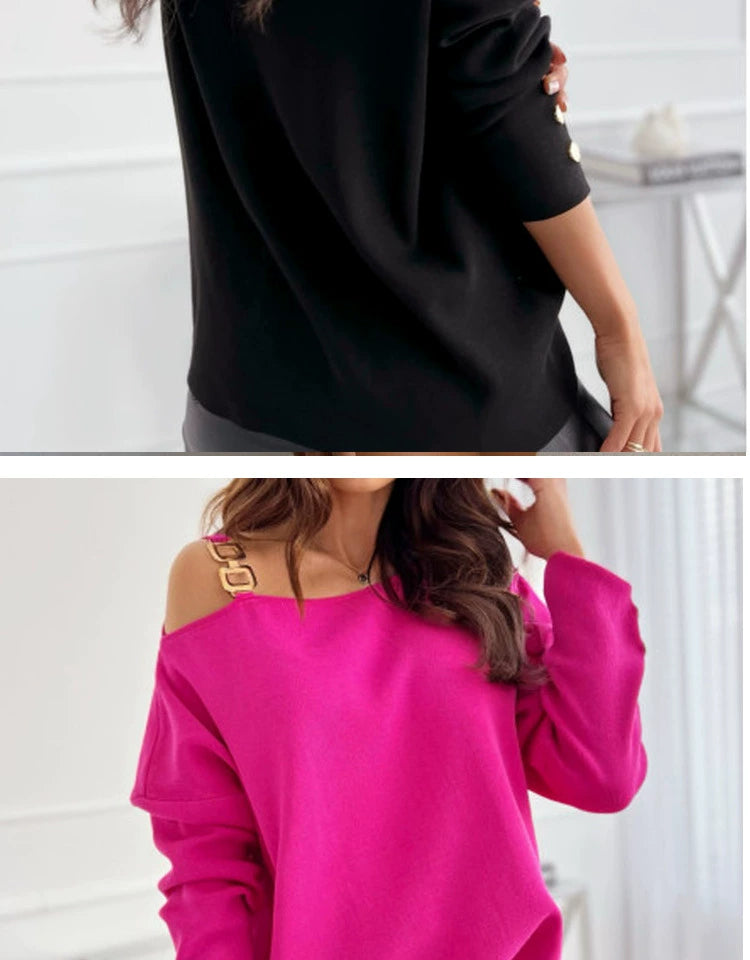 Fashion Style Single Shoulder Chain Loose Slimming Knitted T-shirt