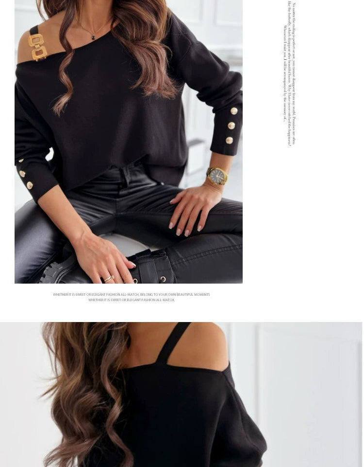 Fashion Style Single Shoulder Chain Loose Slimming Knitted T-shirt