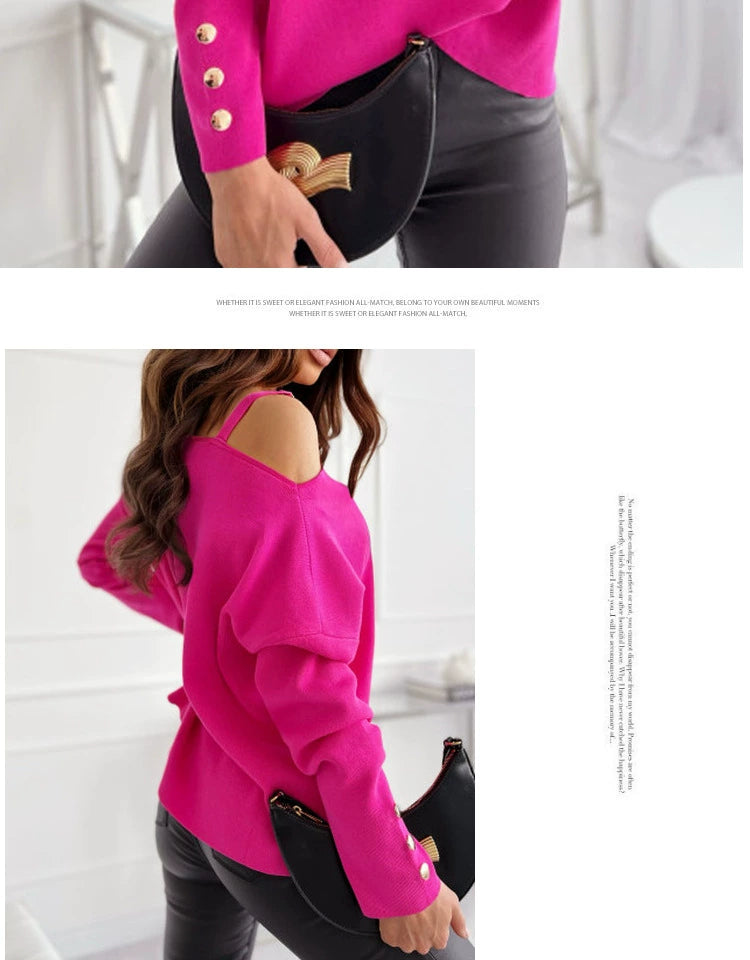 Fashion Style Single Shoulder Chain Loose Slimming Knitted T-shirt