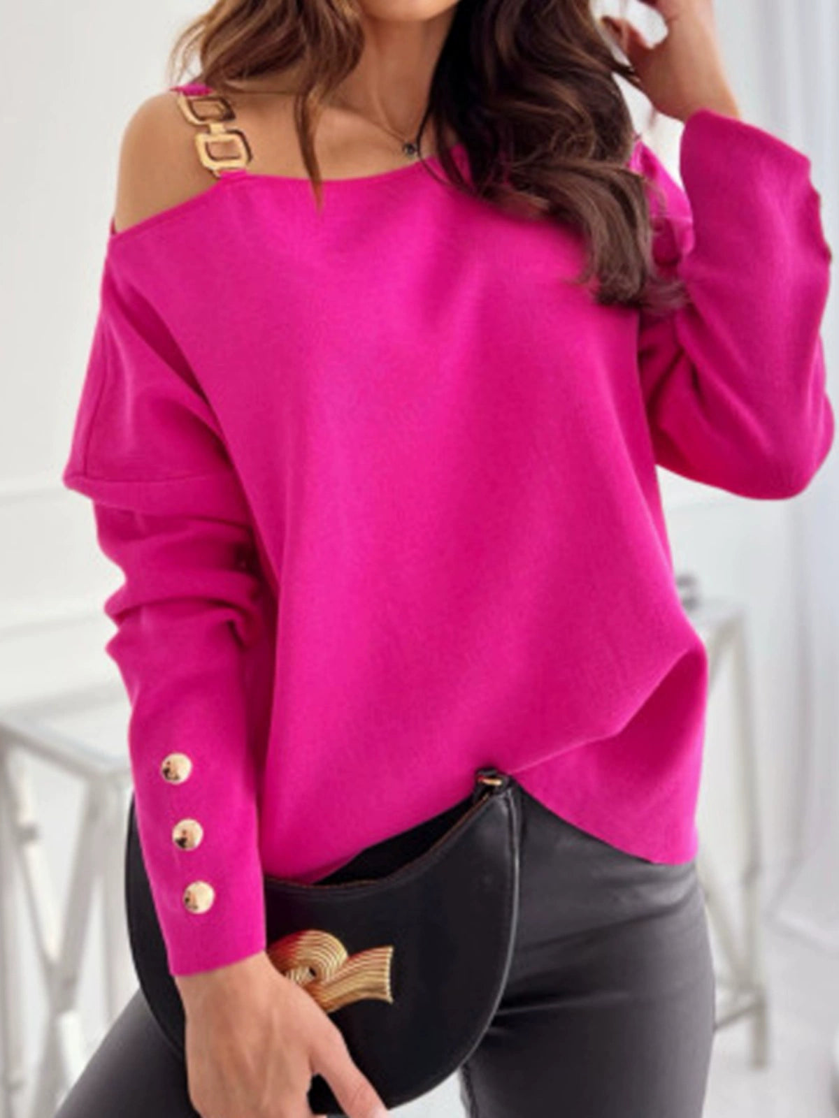 Fashion Style Single Shoulder Chain Loose Slimming Knitted T-shirt