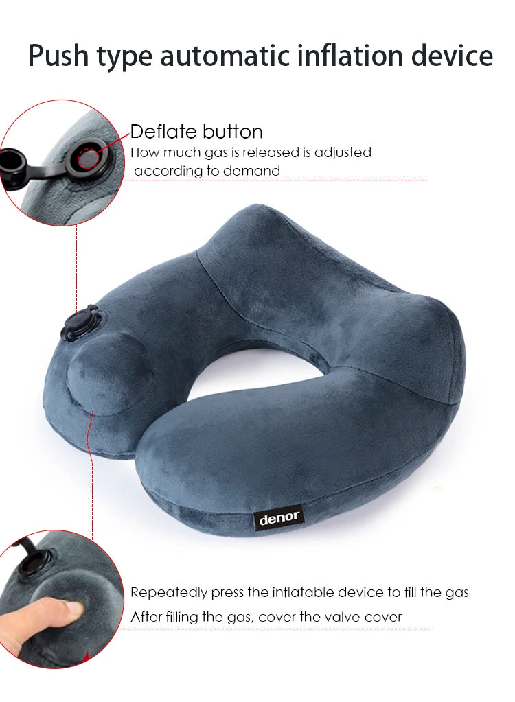 DENOR Press-inflatable neck U-shaped soft and comfortable crystal velvet ergonomic portable travel pillow