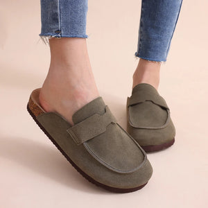 Women Fashion Cork Mules Soft Flats Slippers Cow Suede Clogs Outdoor Beach Shoes