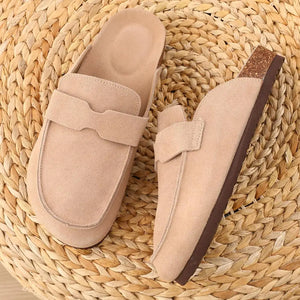 Women Fashion Cork Mules Soft Flats Slippers Cow Suede Clogs Outdoor Beach Shoes