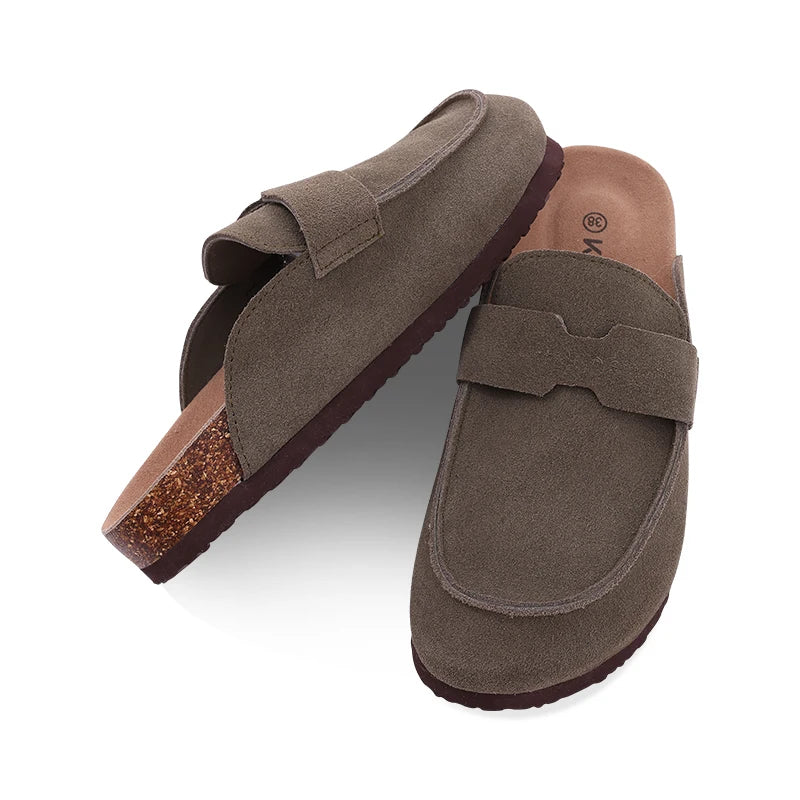 Women Fashion Cork Mules Soft Flats Slippers Cow Suede Clogs Outdoor Beach Shoes