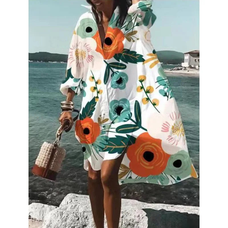 Women Loose Shirt Dress Casual Long Sleeve Printed V Neck