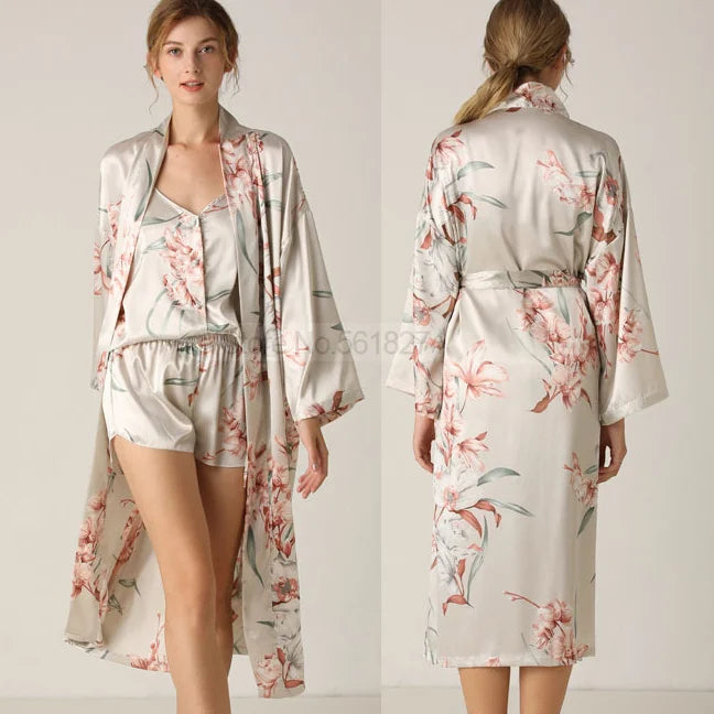 Print Flower Nighty Robe Suit Sleepwear Sexy Women Intimate Lingerie