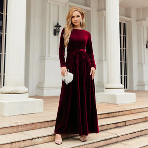 Elegant Long Velvet Solid Color Evening Maxi Dresses for Women