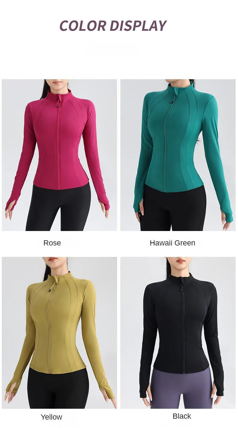 Gym Women's Full Zip Yoga Top Stretch Fit Long Sleeve Round Neck Top Sportswear