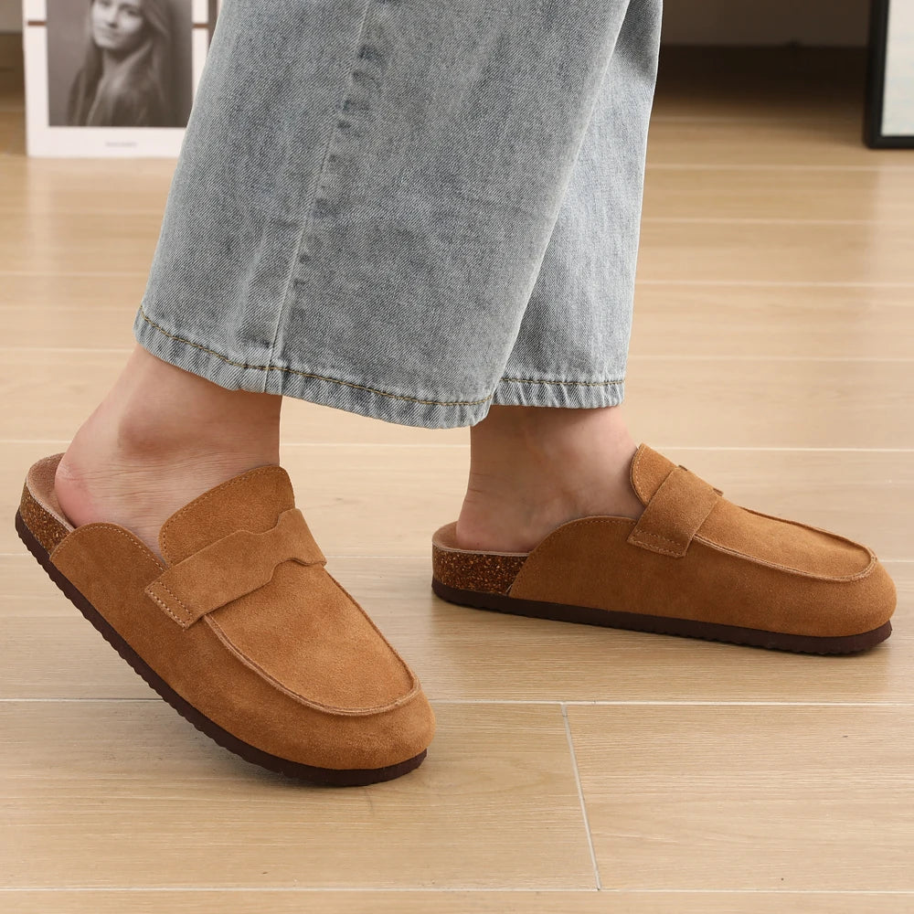 Women Fashion Cork Mules Soft Flats Slippers Cow Suede Clogs Outdoor Beach Shoes