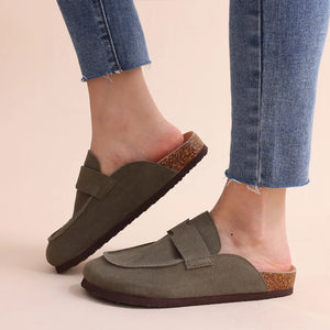 Women Fashion Cork Mules Soft Flats Slippers Cow Suede Clogs Outdoor Beach Shoes