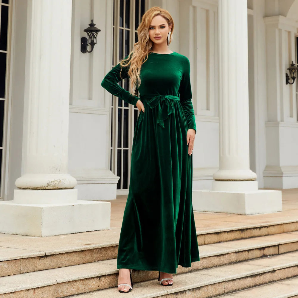 Elegant Long Velvet Solid Color Evening Maxi Dresses for Women