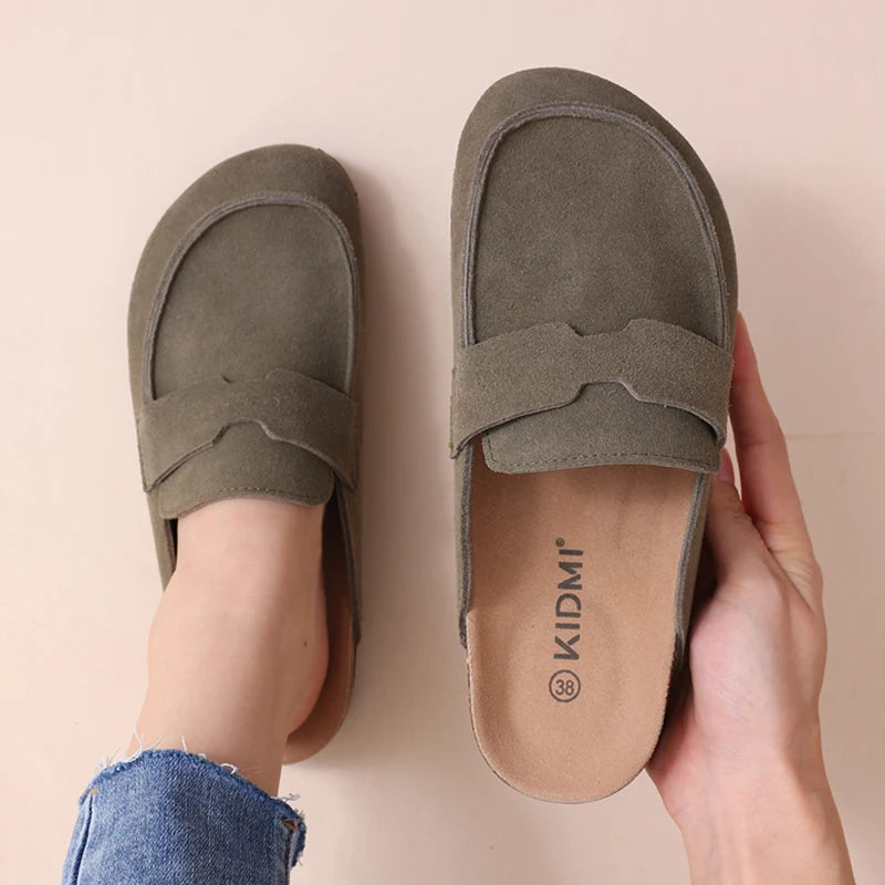 Women Fashion Cork Mules Soft Flats Slippers Cow Suede Clogs Outdoor Beach Shoes