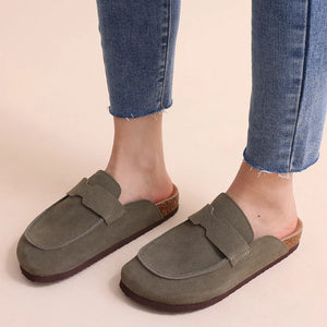 Women Fashion Cork Mules Soft Flats Slippers Cow Suede Clogs Outdoor Beach Shoes