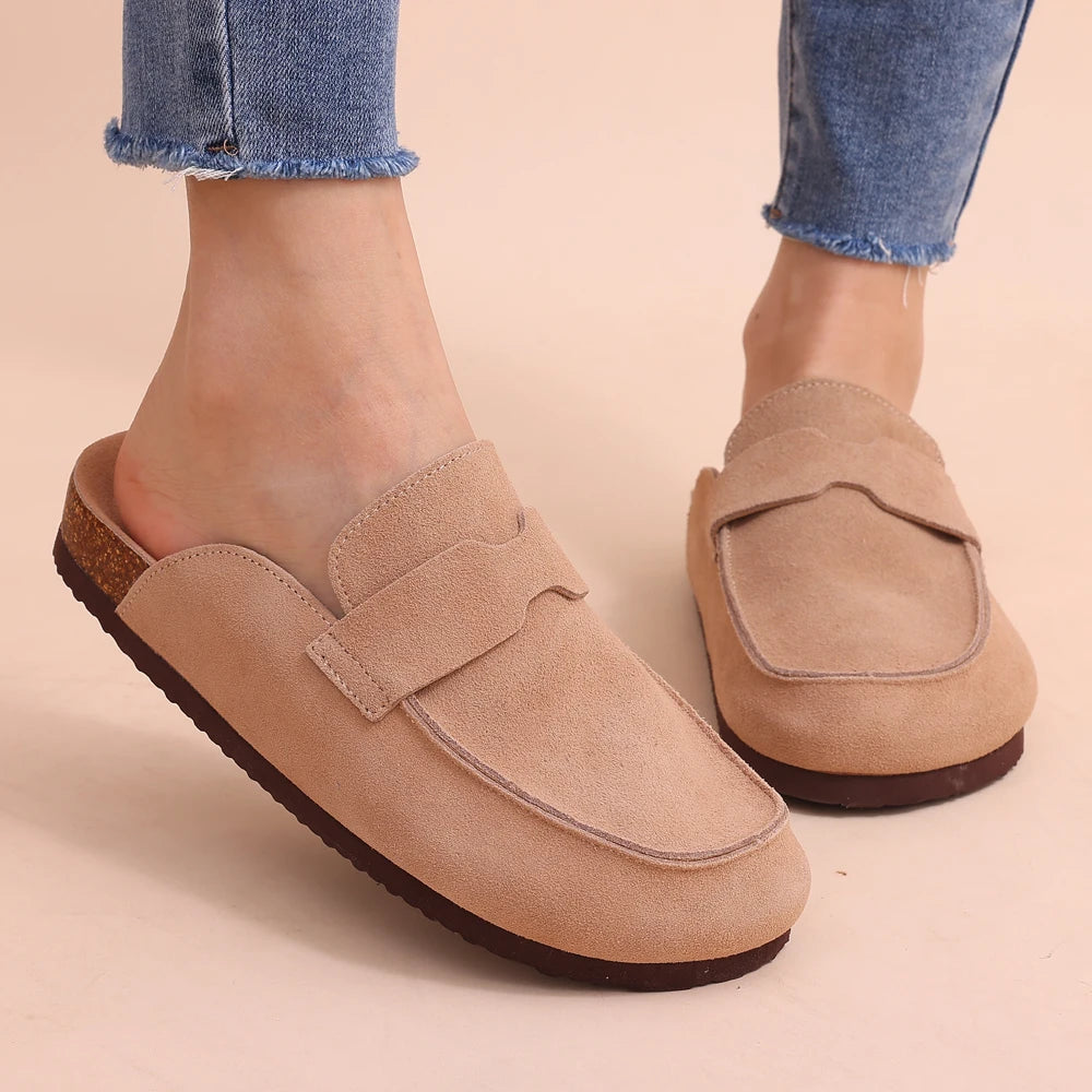 Women Fashion Cork Mules Soft Flats Slippers Cow Suede Clogs Outdoor Beach Shoes