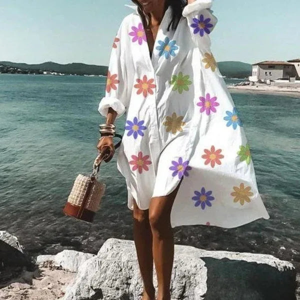 Women Loose Shirt Dress Casual Long Sleeve Printed V Neck