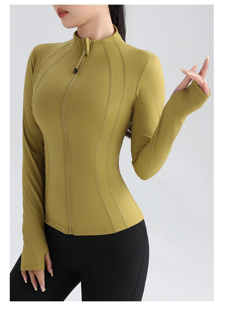 Gym Women's Full Zip Yoga Top Stretch Fit Long Sleeve Round Neck Top Sportswear