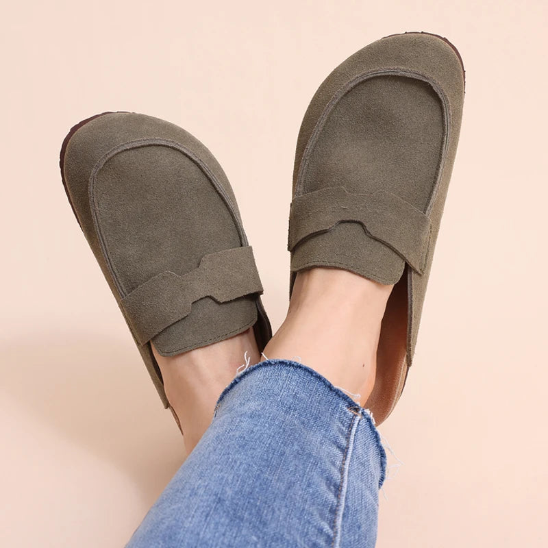 Women Fashion Cork Mules Soft Flats Slippers Cow Suede Clogs Outdoor Beach Shoes