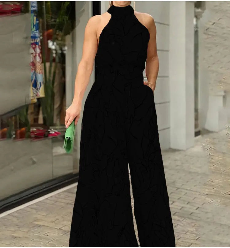 Women's Elegant Waist Halter Jumpsuit Sleeveless Wide Leg Long Pant