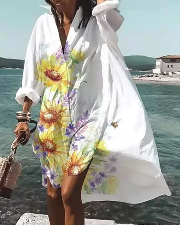 Women Loose Shirt Dress Casual Long Sleeve Printed V Neck