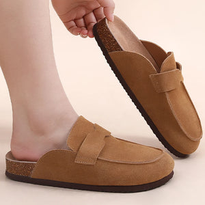 Women Fashion Cork Mules Soft Flats Slippers Cow Suede Clogs Outdoor Beach Shoes