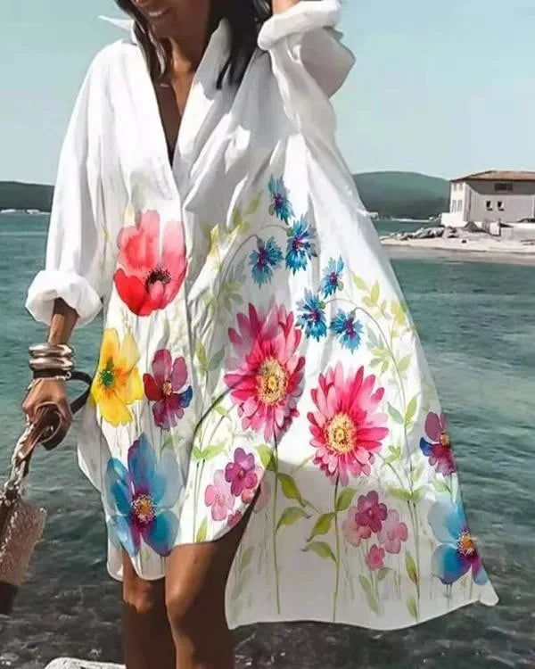 Women Loose Shirt Dress Casual Long Sleeve Printed V Neck