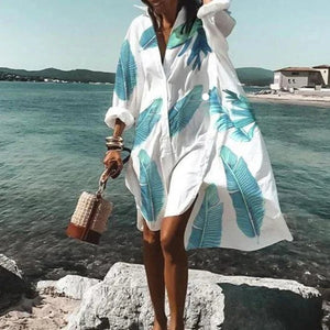 Women Loose Shirt Dress Casual Long Sleeve Printed V Neck