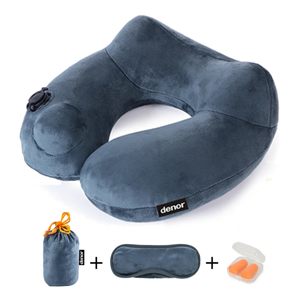 DENOR Press-inflatable neck U-shaped soft and comfortable crystal velvet ergonomic portable travel pillow