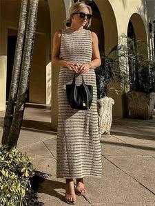 Tossy Striped See-Through Long Female Elegant Sleeveless High Waist Fashion Summer Beach Dress Knit Maxi