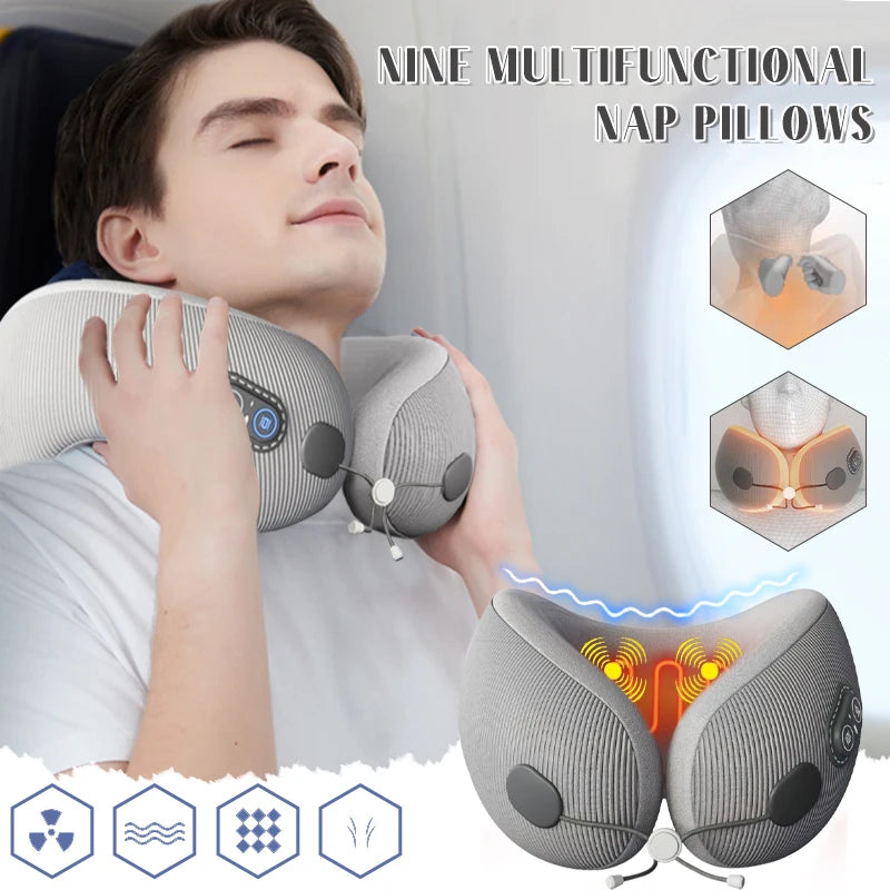 Portable U-Shaped Travel Pillows For Airplanes 3mode Heated Massage Memory Foam For Pain Relief Sleeping