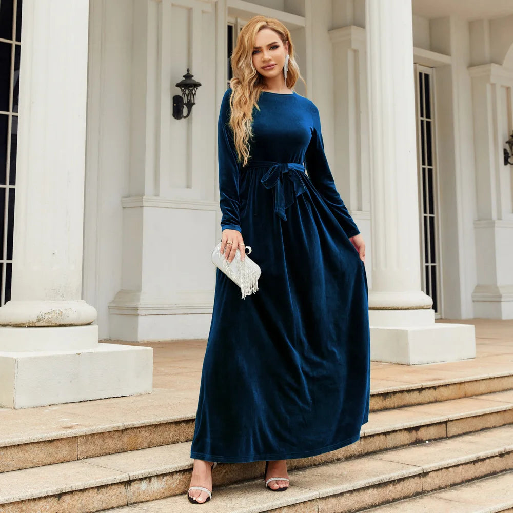 Elegant Long Velvet Solid Color Evening Maxi Dresses for Women