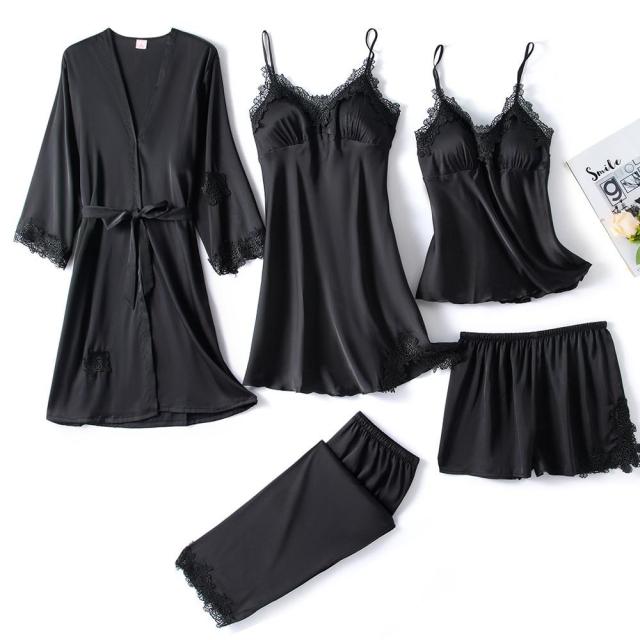 5PC Silk Robe Sleep Suit Womens Lace Satin Pajamas Gown