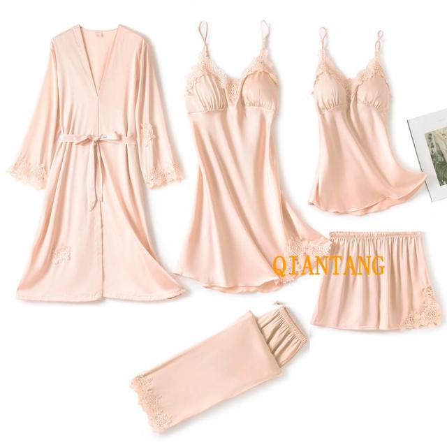 5PC Silk Robe Sleep Suit Womens Lace Satin Pajamas Gown